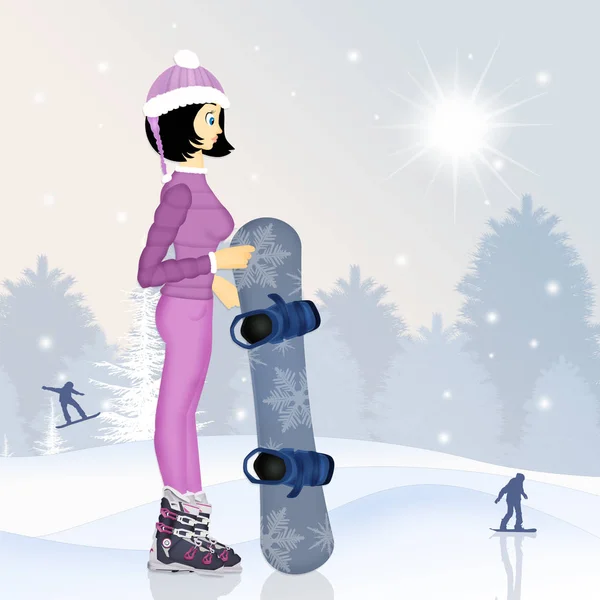 Девушка с сноубордом зимой — стоковое фото