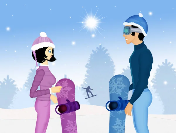 Casal com snowboard no inverno — Fotografia de Stock