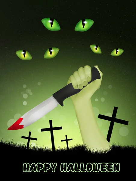 Férfi kézi késsel a temető a Halloween éjszaka — Stock Fotó