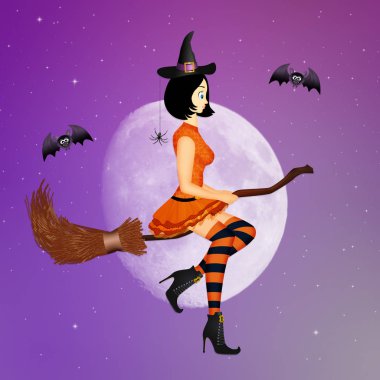 ay ışığında süpürge üzerinde cadı