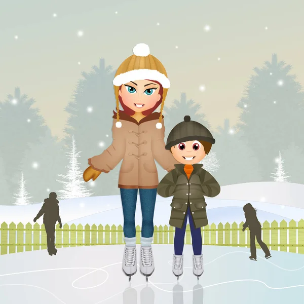 Maman et enfant patinage sur glace — Photo