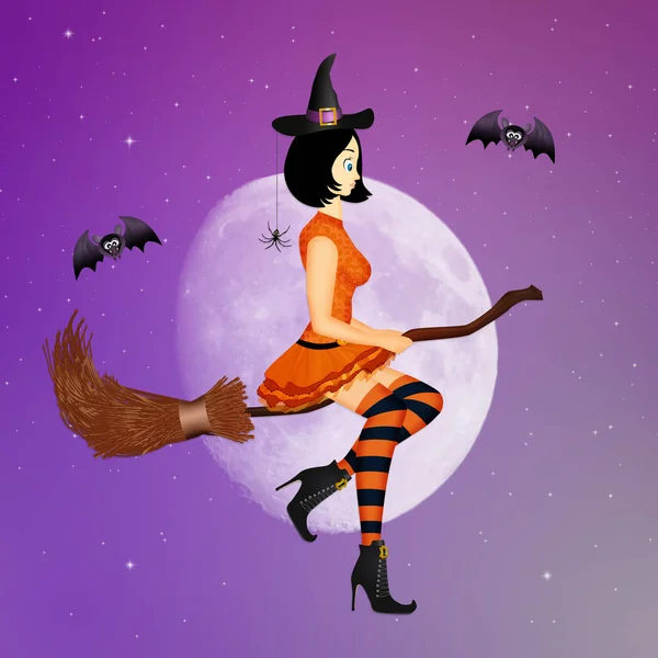 Witch on broom in the moonlight — Stock Photo, Image