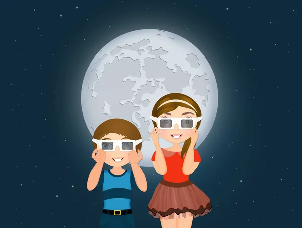 Children look at eclipse with 3d sunglasses — Stock Photo, Image