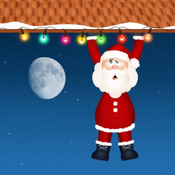 Santa Claus opknoping op dak — Stockfoto