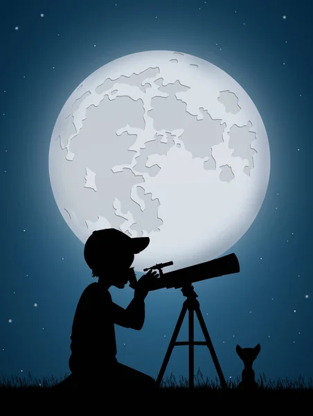 Chico mira en el telescopio — Foto de Stock