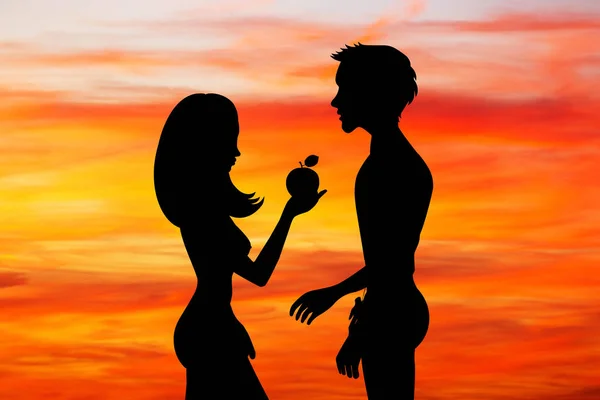 Adam und eve mit der Frucht der Sünde bei Sonnenuntergang — Stockfoto