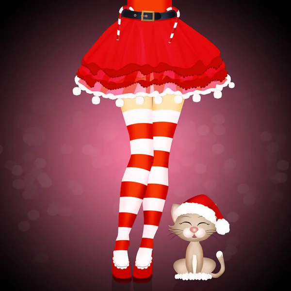 Christmas kvinna ben och katt — Stockfoto