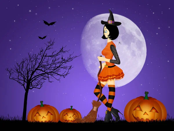 Halloween häxa med kvast och pumpor — Stockfoto