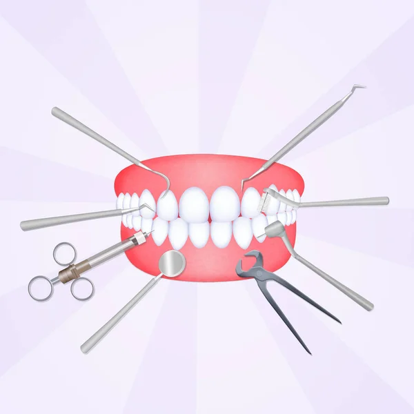 Bouche avec outils de dentiste — Photo