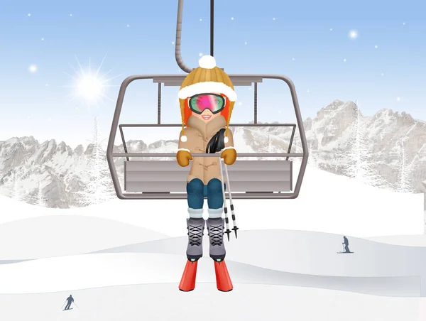 在滑雪缆车上的女孩 — 图库照片