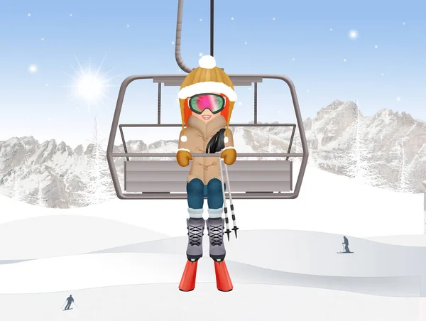 Girl on ski lift — Stock Photo, Image