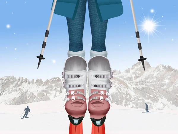 Jambes de femme avec des bottes et des skis — Photo