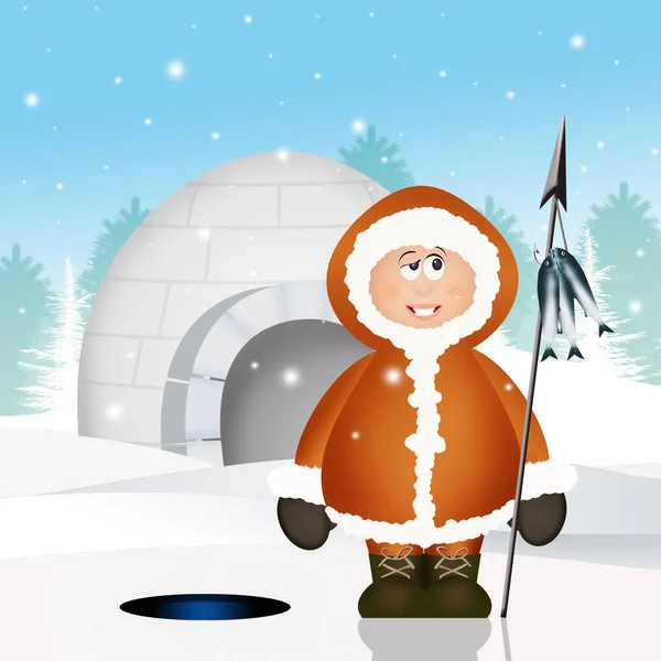 Eskimo i igloo — Zdjęcie stockowe