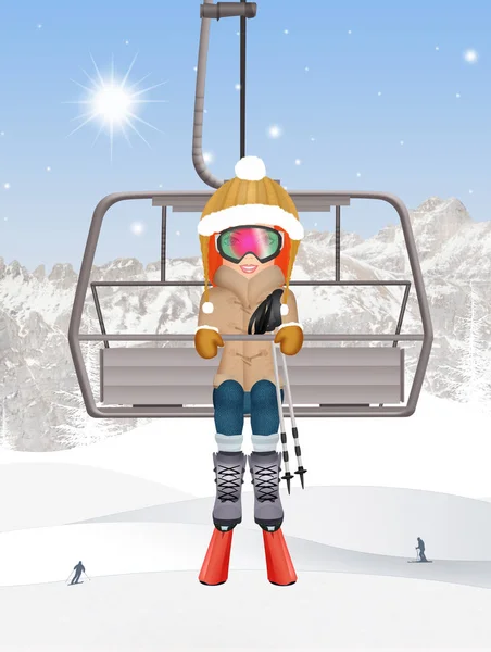 在滑雪缆车上的女孩 — 图库照片