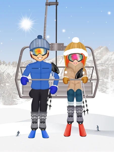 Ο άνθρωπος και το κορίτσι στο λιφτ του σκι — Φωτογραφία Αρχείου