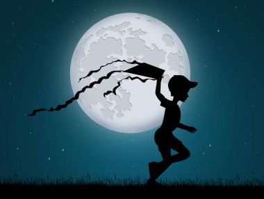 ay ışığında uçurtma ile çocuk