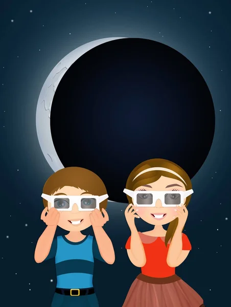 Children look at eclipse with 3d sunglasses — Stock Photo, Image