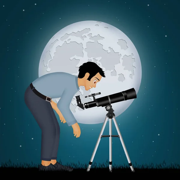 Muž vypadat měsíce v dalekohledu — Stock fotografie