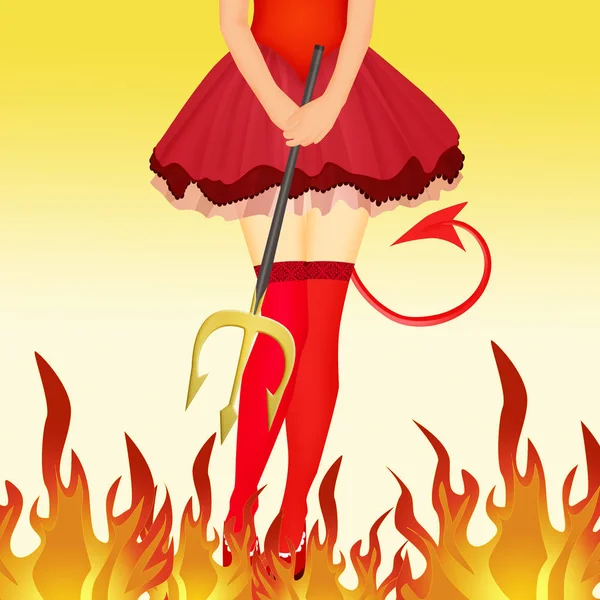 Beine einer Frau im Teufelskostüm mit Galgen — Stockfoto