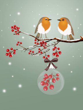 Robin ile Çilek ağacı üzerinde Noel top ile