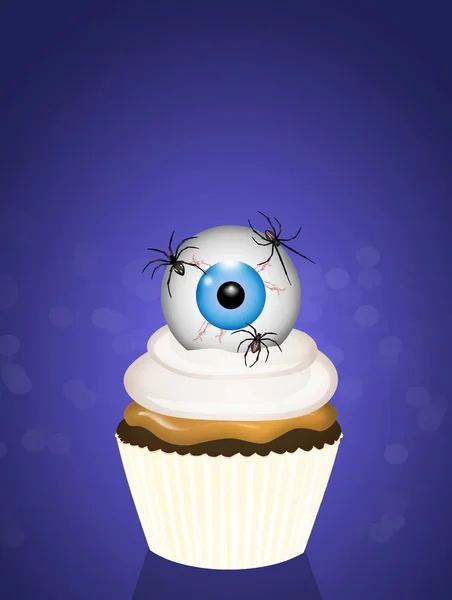 Halloween cupcake with eye and spiders — Stock Photo, Image