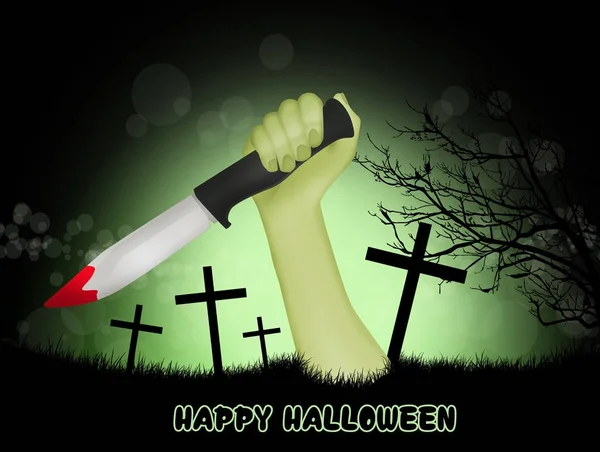 Man hand with knife in the cemetery of Halloween night — Stock Photo, Image