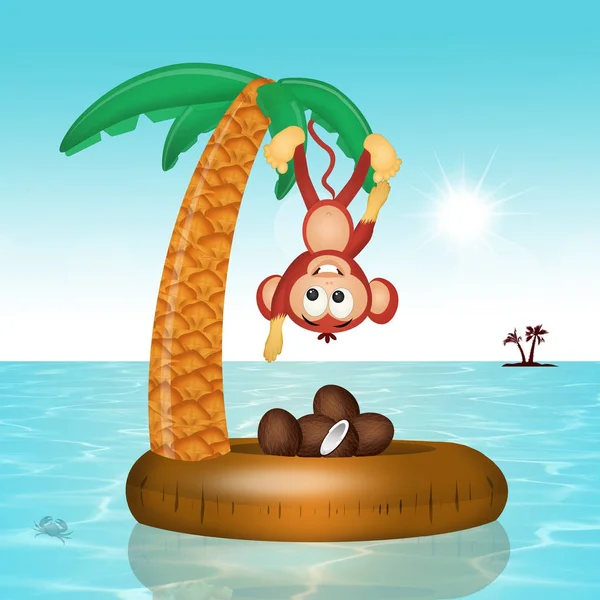 Monkey on inflatable palm — Stock Photo, Image
