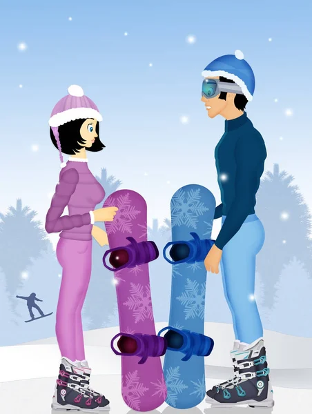 在冬天夫妇与滑雪板 — 图库照片