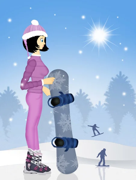 Дівчина зі сноубордом взимку — стокове фото