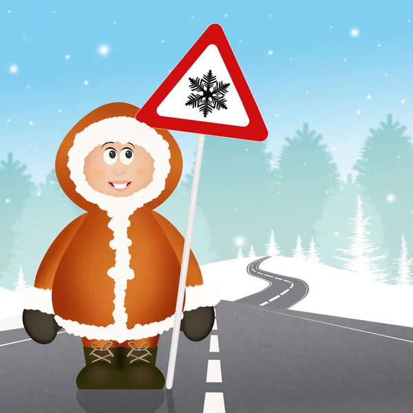 Eskimo s silniční signál nebezpečí sněhu — Stock fotografie