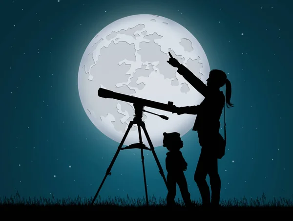 Mama și copilul privesc cerul cu telescopul — Fotografie, imagine de stoc