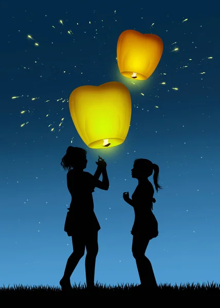 Meninas com lanternas voadoras — Fotografia de Stock