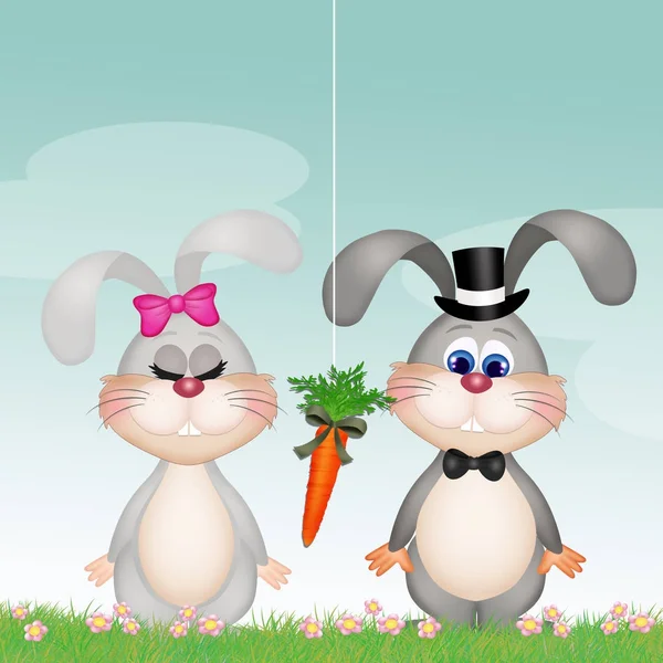 Bunnies with carrot — Stock Photo, Image