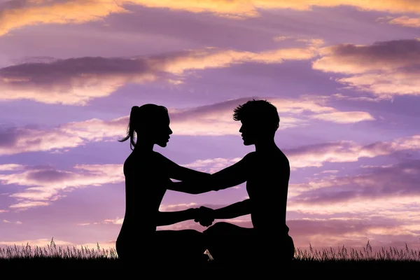 Illustration Von Mann Und Frau Beim Yoga Bei Sonnenuntergang — Stockfoto