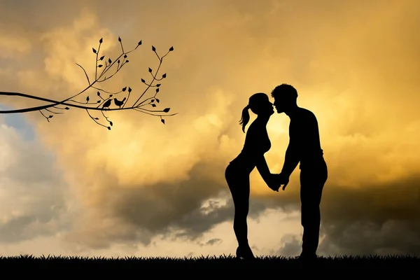 Illustration Couple Kissing Sunset — Stock Photo, Image