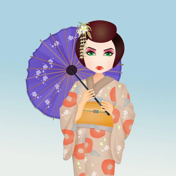 Illustration Geisha Med Paraply — Stockfoto