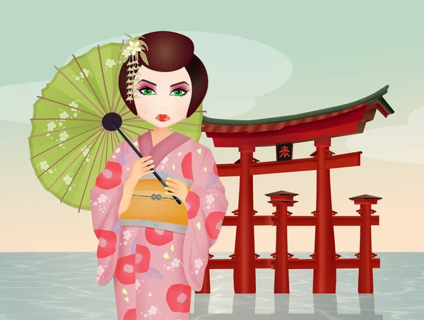 Illustrazione Geisha Nel Tempio — Foto Stock