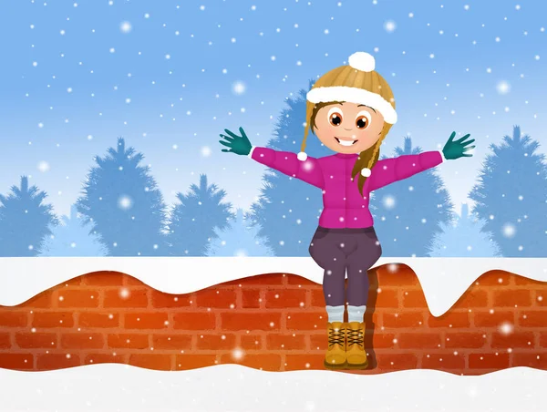 Illustration Little Girl Wall Winter — Stock Photo, Image