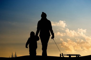 illüstrasyon insan kızaklarımız ile oynamak karda gün batımında