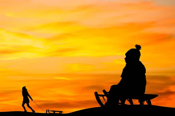 Illustration People Sleds Play Snow Sunset — Stock Photo, Image