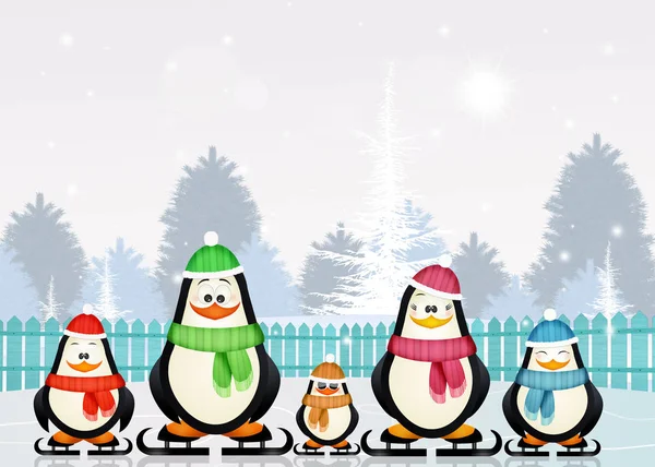 Ilustración Pingüinos Patinando Sobre Hielo Invierno —  Fotos de Stock