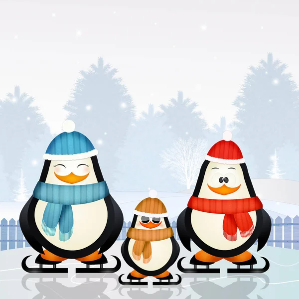 Ilustración Pingüinos Patinando Sobre Hielo Invierno —  Fotos de Stock