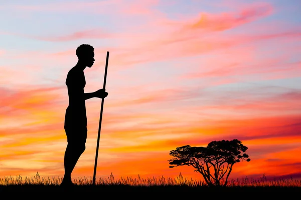 Illustration Der Silhouette Afrikanischer Männer Bei Sonnenuntergang — Stockfoto