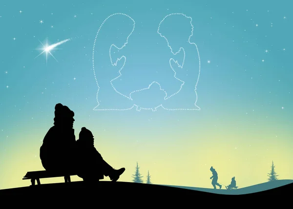 雪橇上的孩子的插图看天空中的耶稣降生场景 — 图库照片