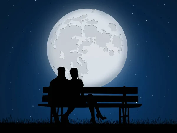 月明かりの下でベンチにロマンチックなカップル — ストック写真