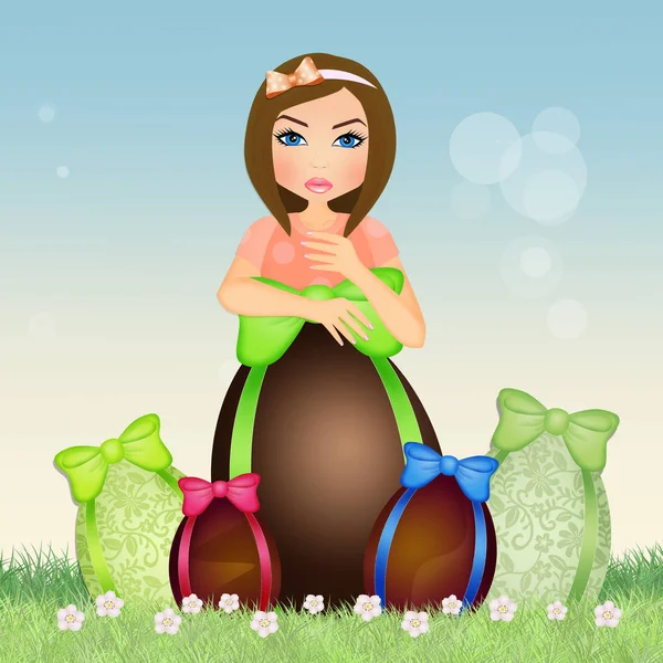女孩和巧克力复活节彩蛋 — 图库照片