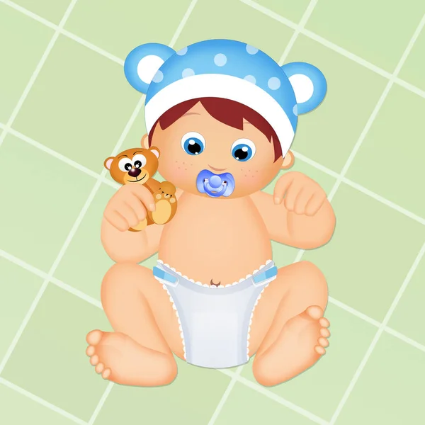 Bebé Con Pañal Osito Peluche —  Fotos de Stock