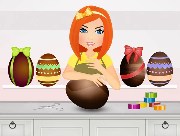 Illustration Girl Packs Easter Eggs — Stock Photo, Image