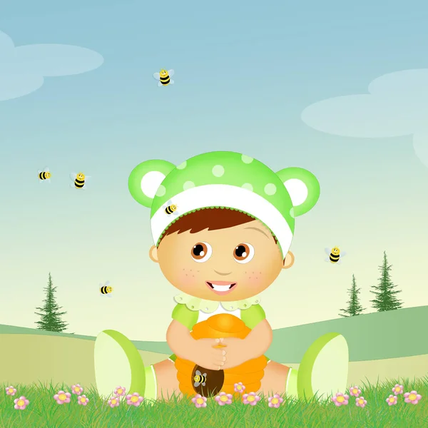 Illustration Des Kindes Mit Bienenstock Und Bienen — Stockfoto