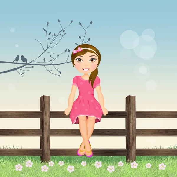 Девушка Сидит Заборе Весной — стоковое фото